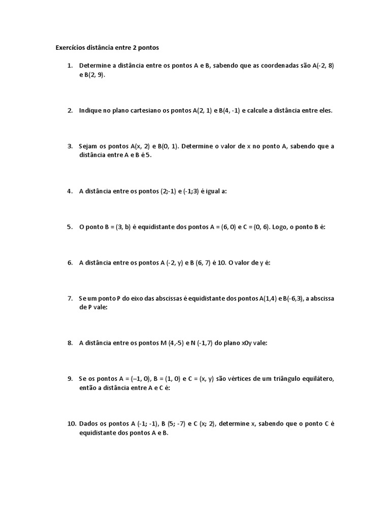 Exercícios Distância Entre 2 Pontos | PDF