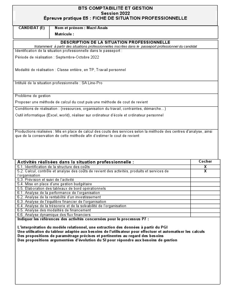 Fiche de Situation Professionnelle E5 BTS CG | PDF | Comptabilité ...