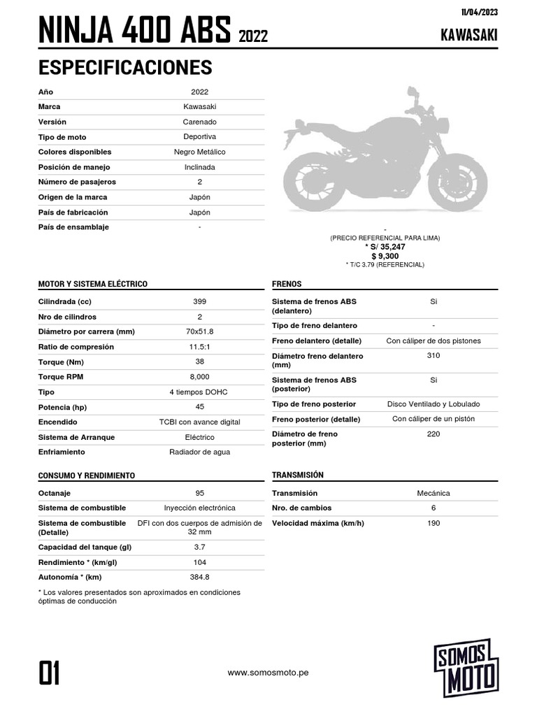 Ficha Técnica Kawasaki Ninja 400 2022 | PDF | Inyección de