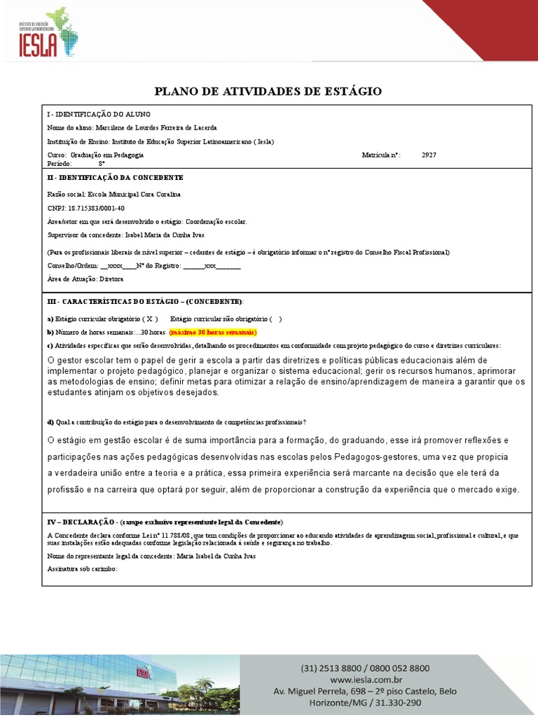 Plano de Atividades de Estágio | Download grátis PDF | Pedagogia