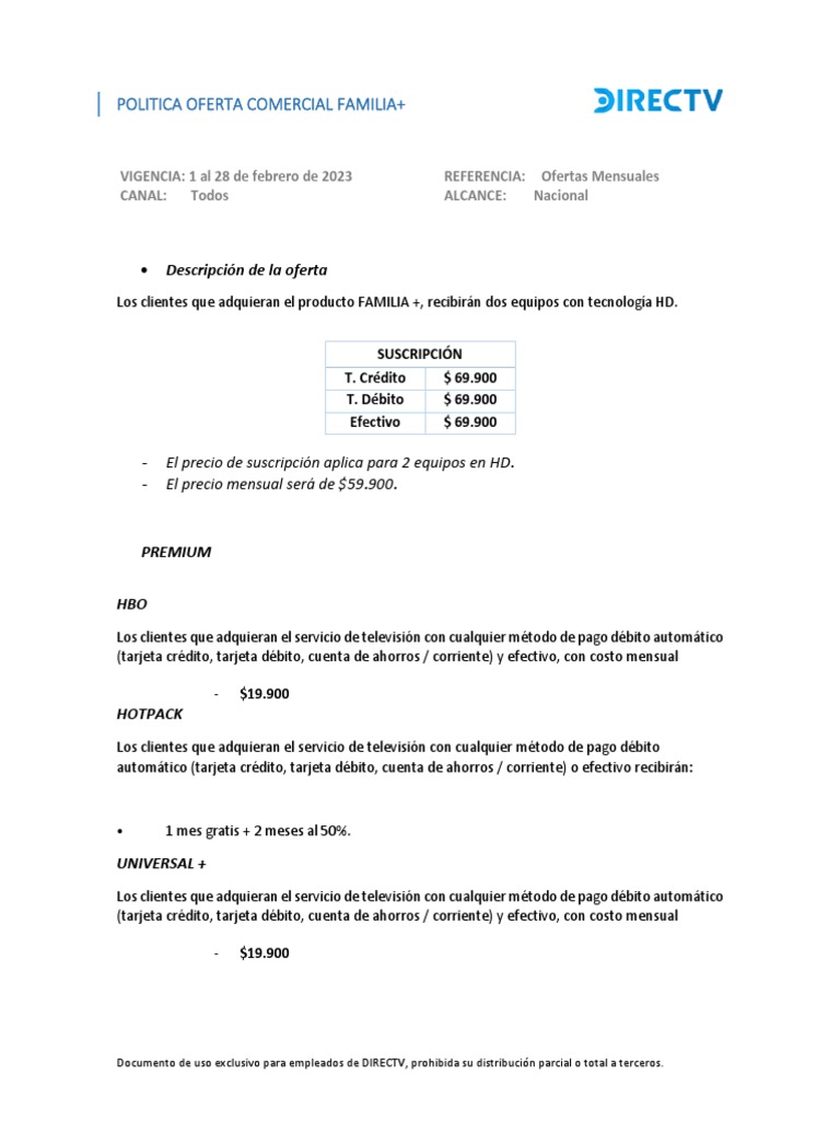 Ofertas Comerciales DIRECTV Familia+ | PDF | Tarjeta de débito ...