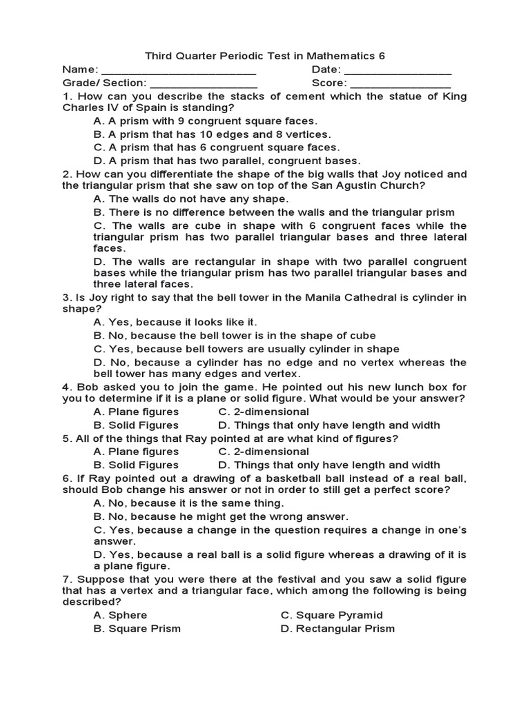 Math 6 Third Quarter Test Questions | PDF | Area | Shape