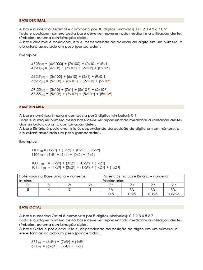 Conversão entre Bases Numéricas | PDF | Codificação binária decimal ...