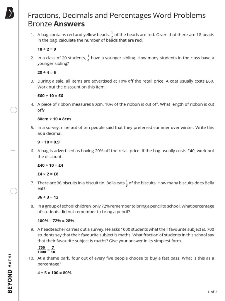 ANSWERS Bronze Fractions, Decimals and Percentages PDF Percentage
