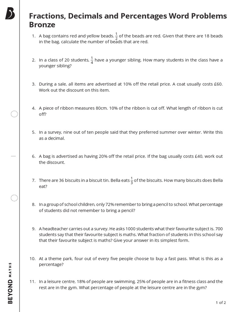 Word Problems Bronze Fractions Decimals And Percentages PDF