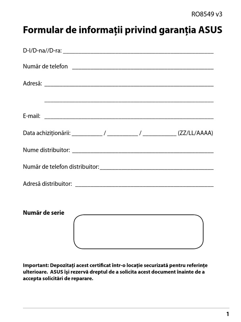 Formular de Informaţii Privind Garanţia ASUS: Număr de Serie | PDF