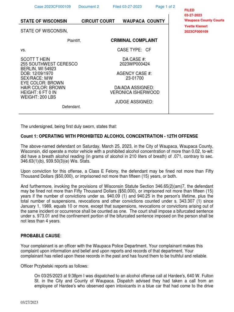 Scott Hein Criminal Complaint | PDF | Driving Under The Influence | Justice