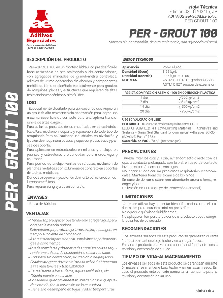 Rendimiento y Aplicaciones de PER GROUT 100 | PDF | Hormigón | Agua