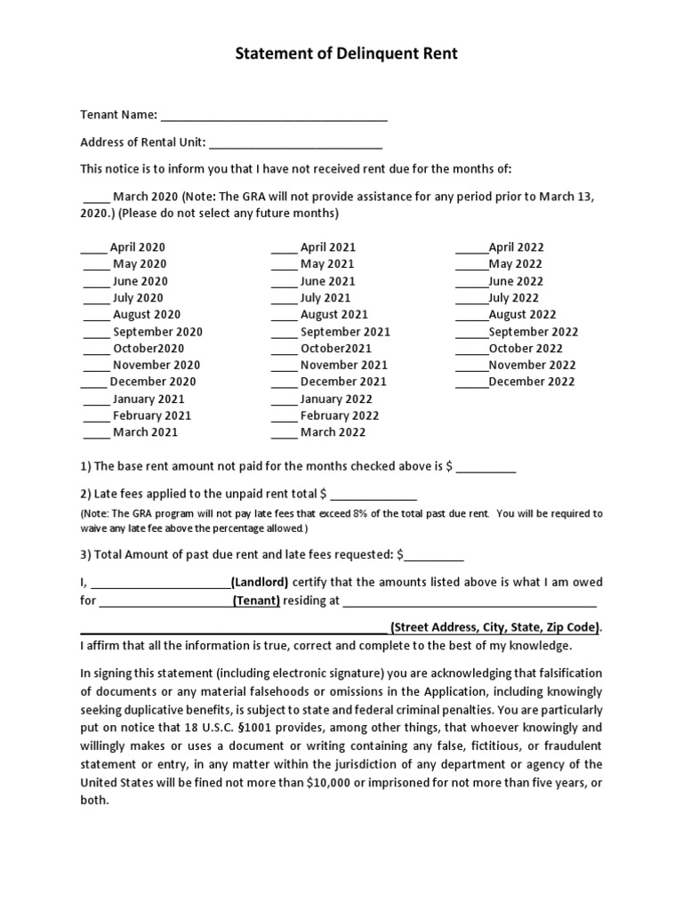 Statement of Delinquent Rent | PDF | Renting | Landlord