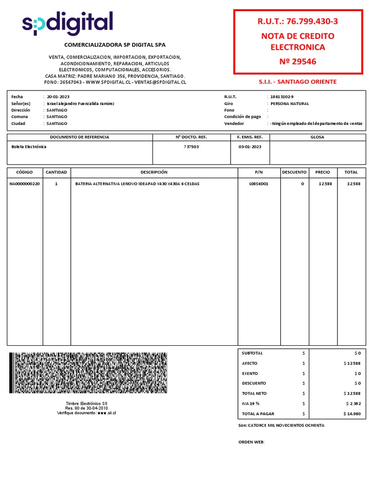 R.U.T.: 76.799.430-3 Nota de Credito Electronica: Comercializadora SP ...