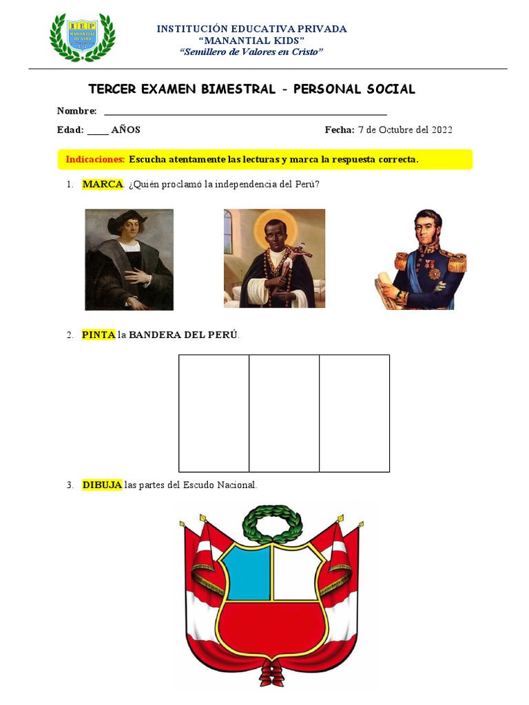 Examen Bimestral de Personal Social 4 Años | PDF | Ciencias sociales