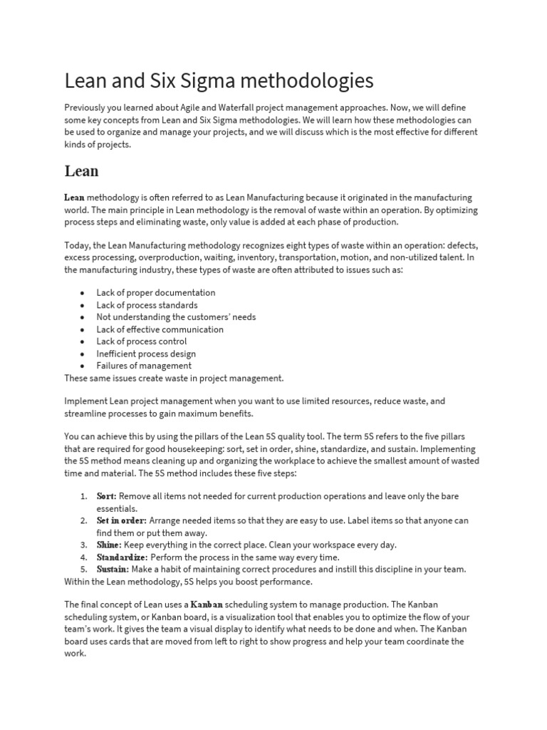 Lean and six sigma methodologies pdf six sigma lean manufacturing