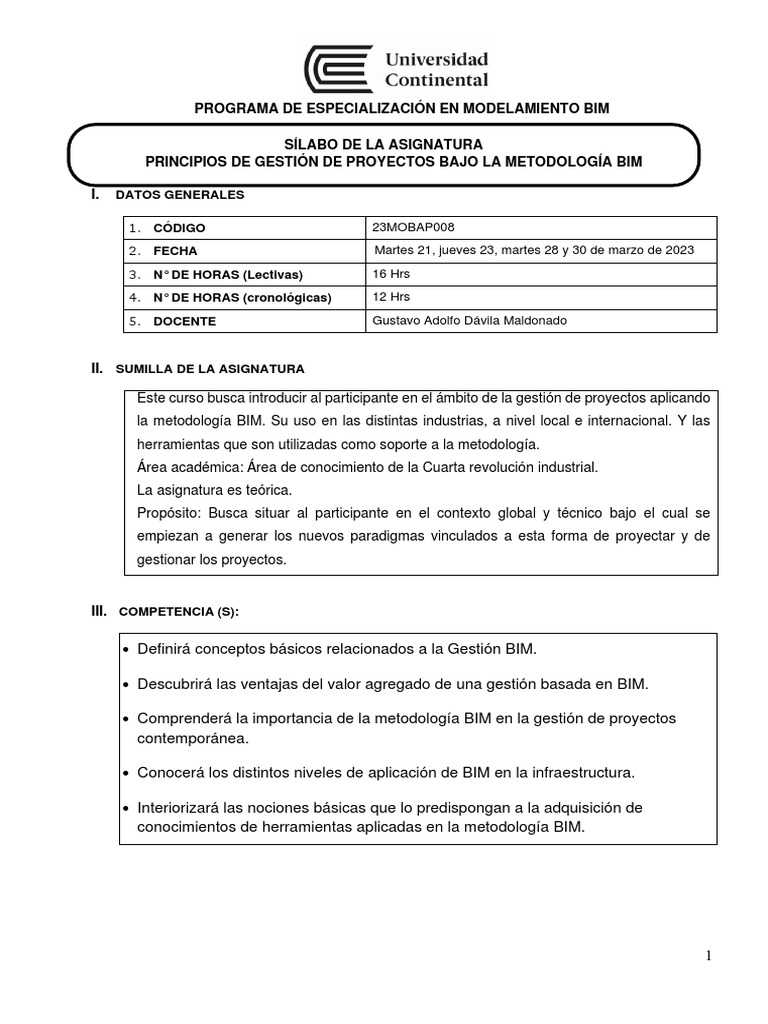 Sílabo - Principios de Gestión de Proyectos Bajo La Metodología BIM ...