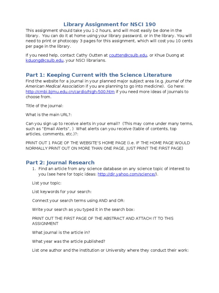 NSCI 190 Library Assignment Guide | PDF | Libraries | Websites