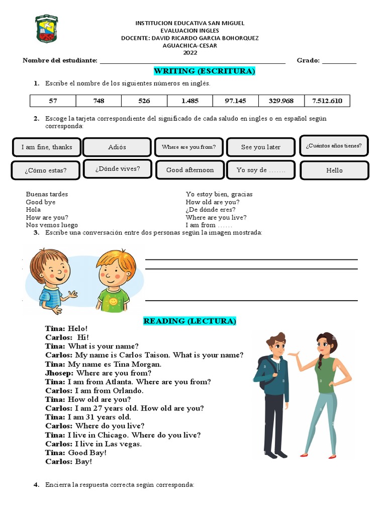 Evaluacion 1 Ingles Grado 6 | PDF, image size:768x1024