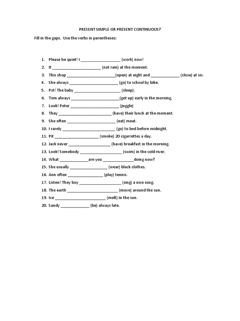Present Simple vs Continuous Exercises | PDF | Language Arts ...
