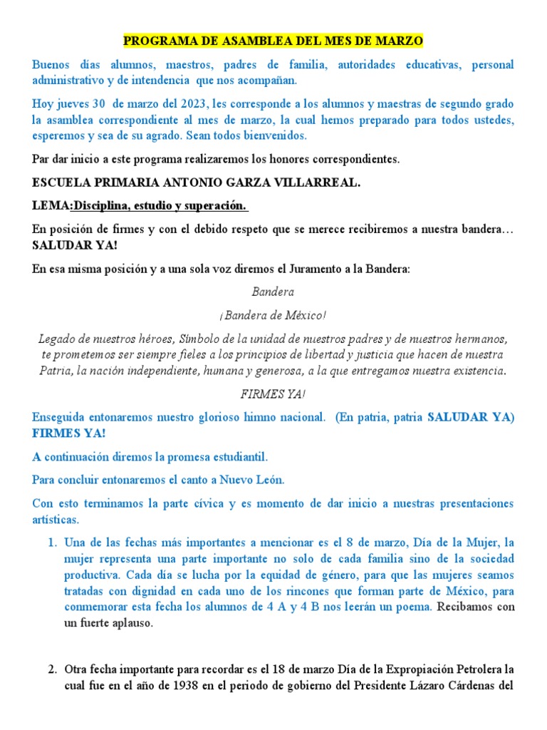 Copia 2 de PROGRAMA DE ASAMBLEA DEL MES DE MARZO | PDF | México ...
