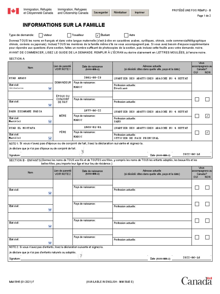 Informations sur la famille - IMM 5645 | PDF | Immigration