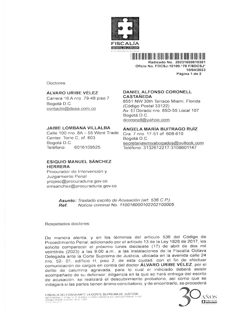Citación Traslado Escrito de Acusación Contra Álvaro Uribe PDF