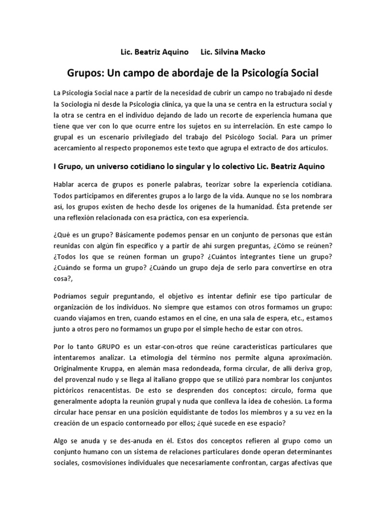 Grupos un campo de abordaje de la psicolog a social lic beatriz