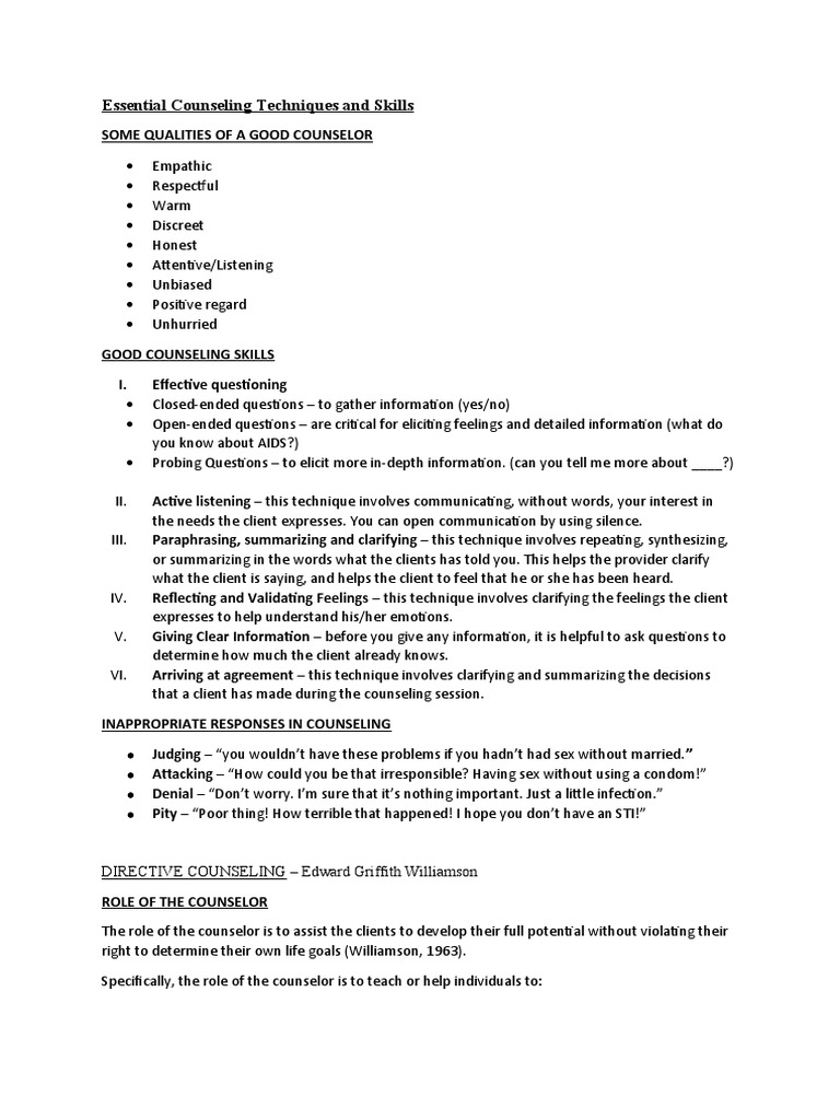 Essential Counseling Techniques Overview | PDF | Medical Diagnosis ...