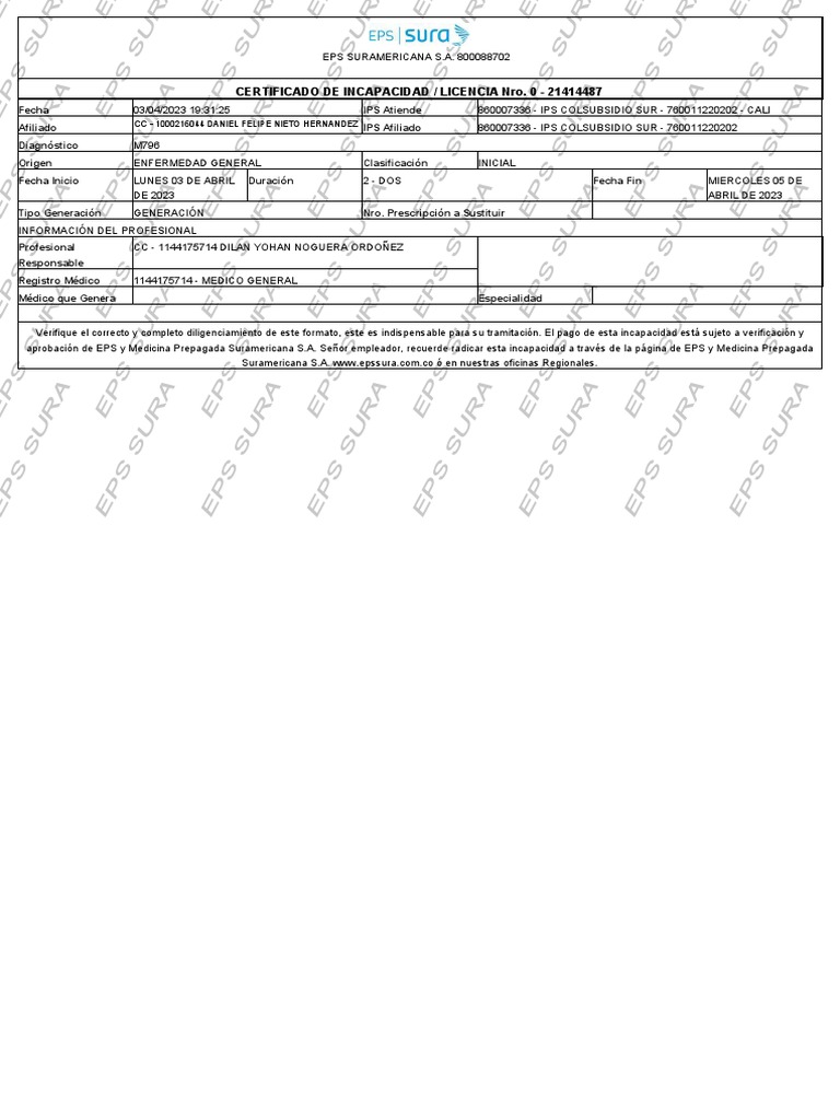 CERTIFICADO DE INCAPACIDAD LICENCIA Nro | PDF | Cuidado de la salud