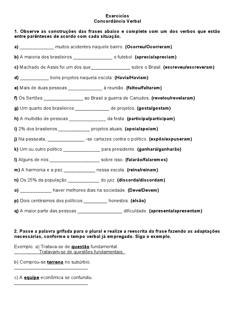 Exercícios Concordância Verbal 7° | PDF
