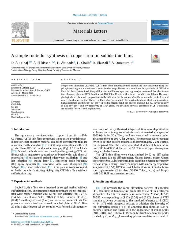 Synthesis of Cu2FeSnS4 Thin Films | PDF | Thin Film | Energy Dispersive ...