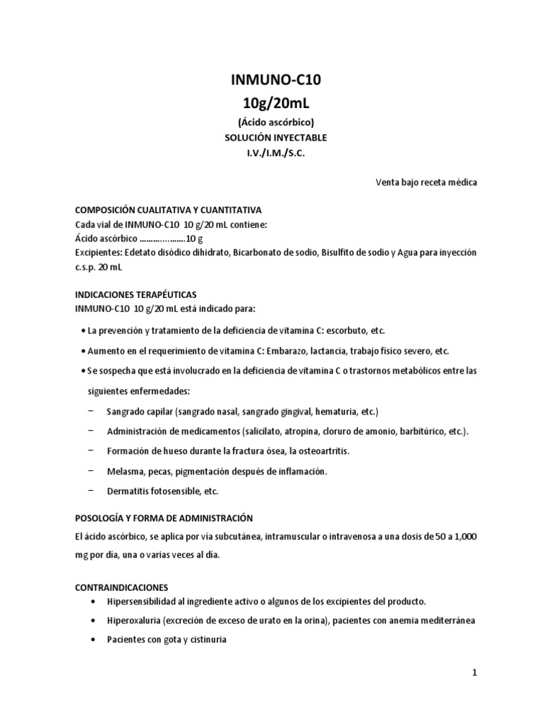 InmunoC10 10g/20mL (Ácido Ascórbico) Solución Inyectable I.V./I.M./S