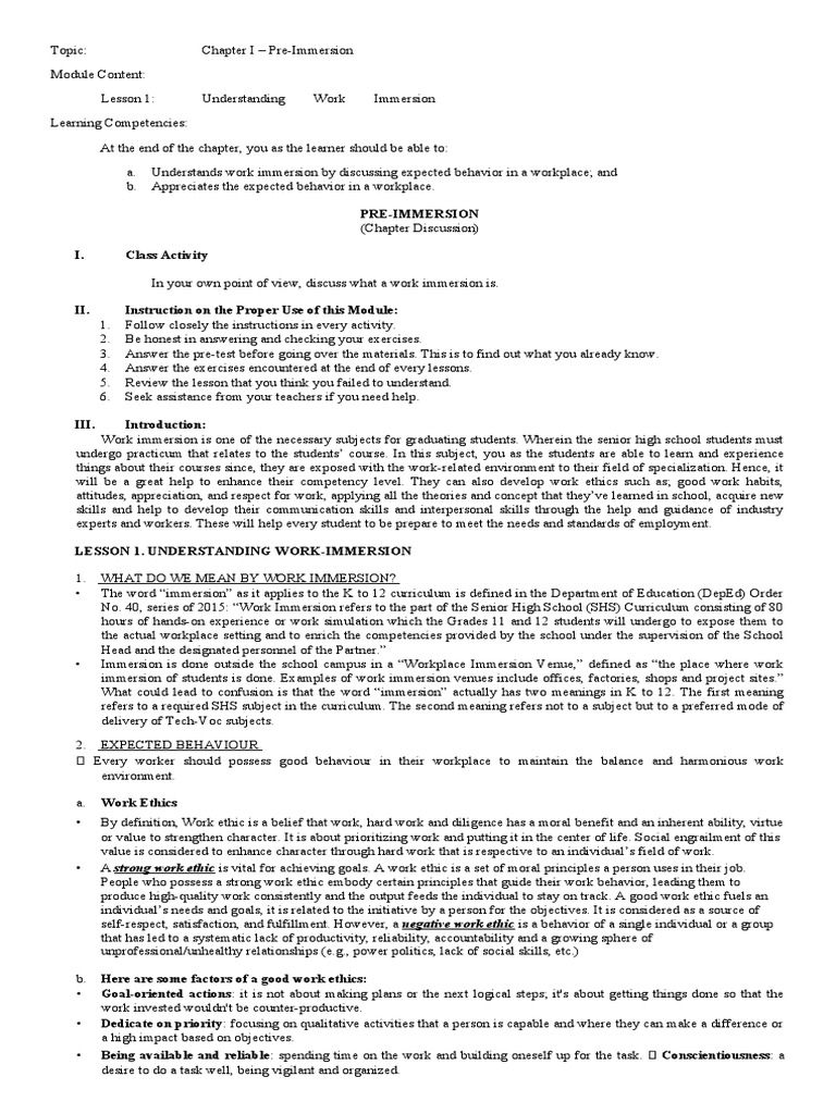 Work Immersion Chapter 1 Lesson Pre Immersion PDF Cost Of Living
