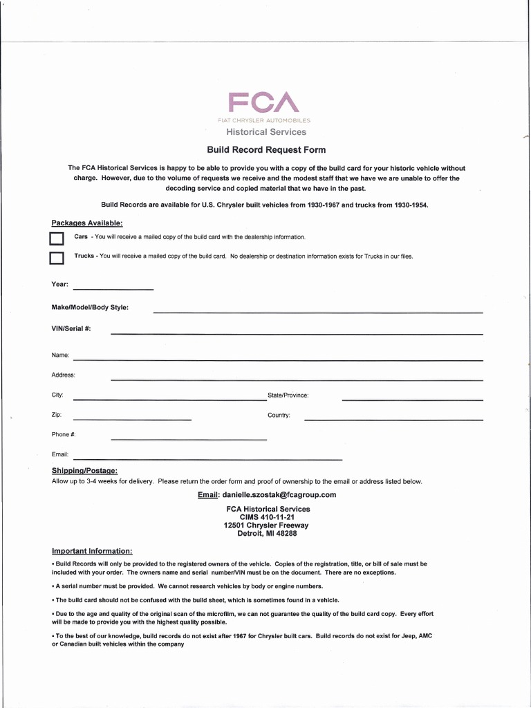 Chrysler Build Record Request Form | PDF | Chrysler | Mail