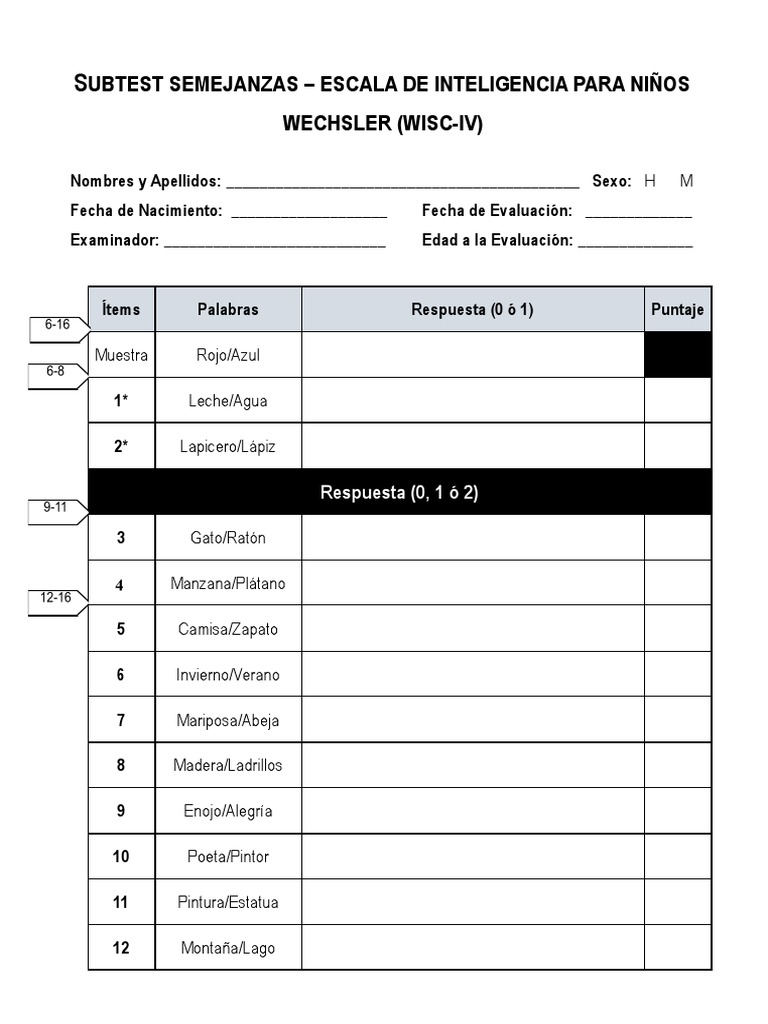 SUBTEST SEMEJANZAS WISC IV-Protocolo | PDF