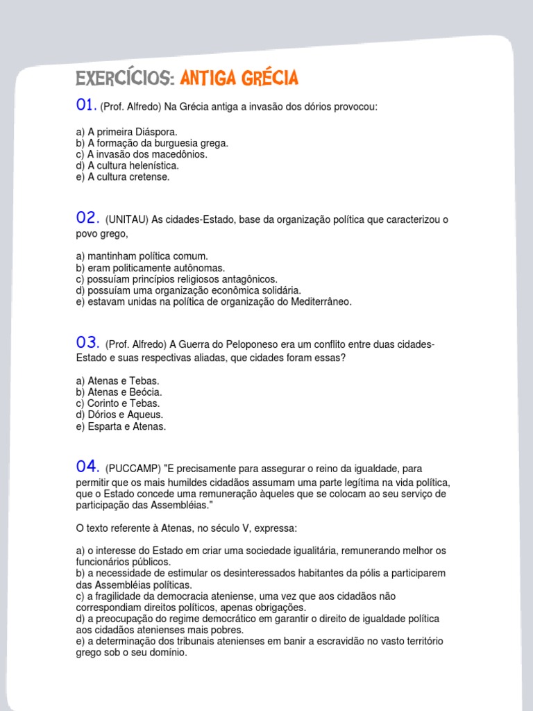 Exercícios sobre a Grécia Antiga | PDF | Grécia Antiga | Esparta