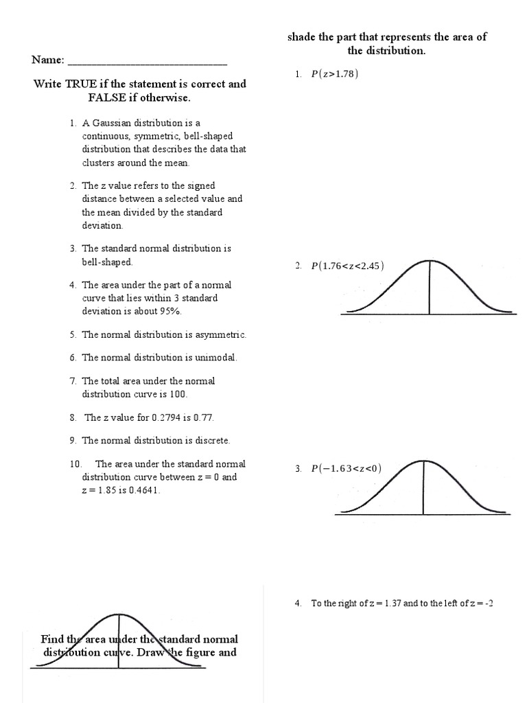Standard Normal Distribution Curve Quiz | PDF