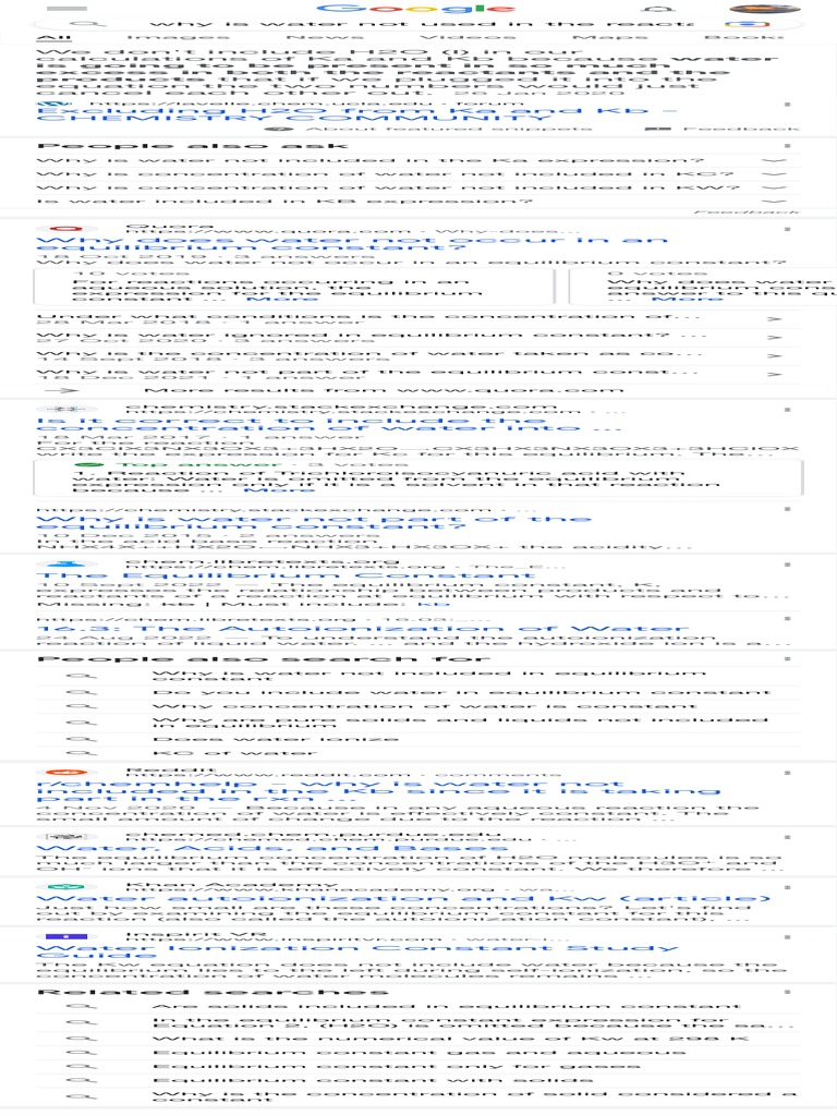 Why is water not used in the reactant kb concentration google search