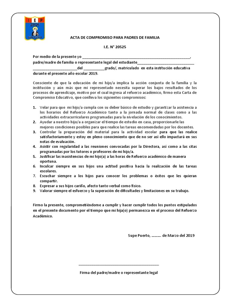 Acta de Compromiso para Padres de Familia | PDF | Evaluación | Maestros