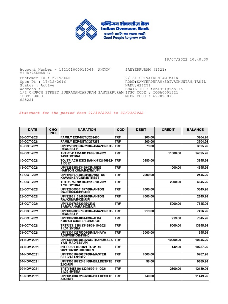 IOB Bank Statement Summary 2021-2022 | PDF | Banking | Business Economics