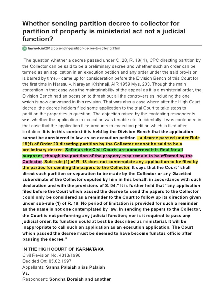 6Whether Sending Partition Decree To Collector For Partition of Property Is Ministerial Act Not