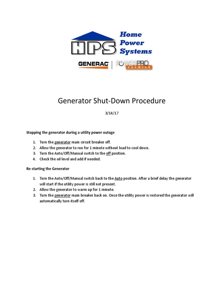 Generator Shut-Down and Restart Guide | PDF | Cooking, Food & Wine ...