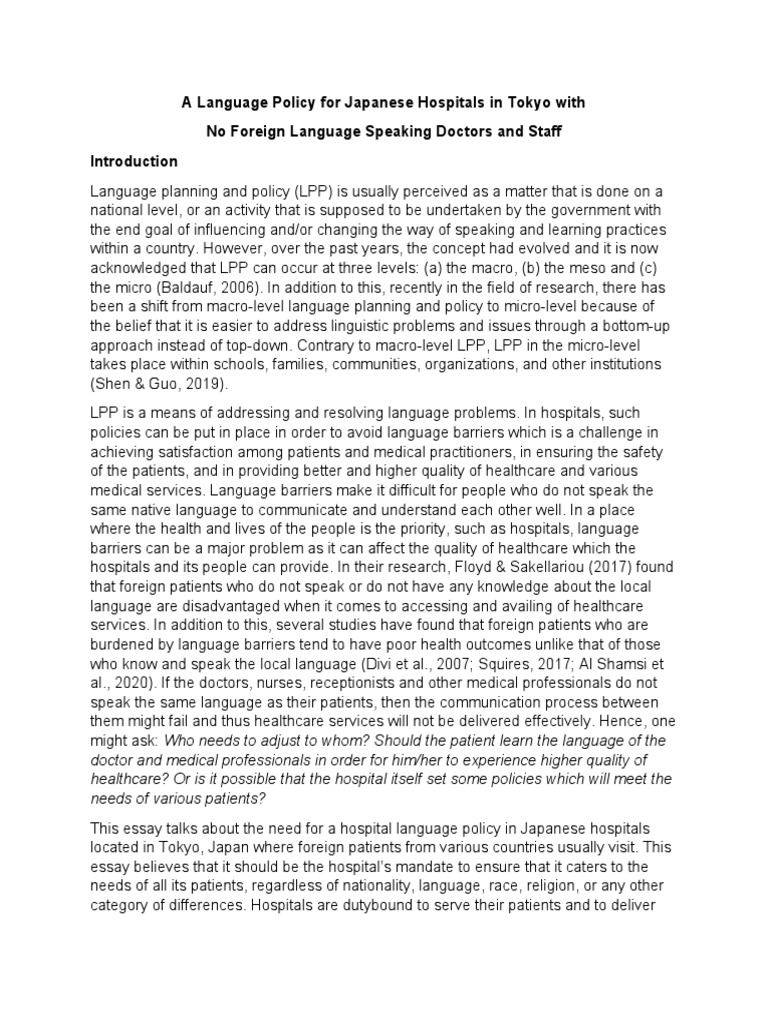 A Language Policy For Japanese Hospitals in Tokyo With No Foreign