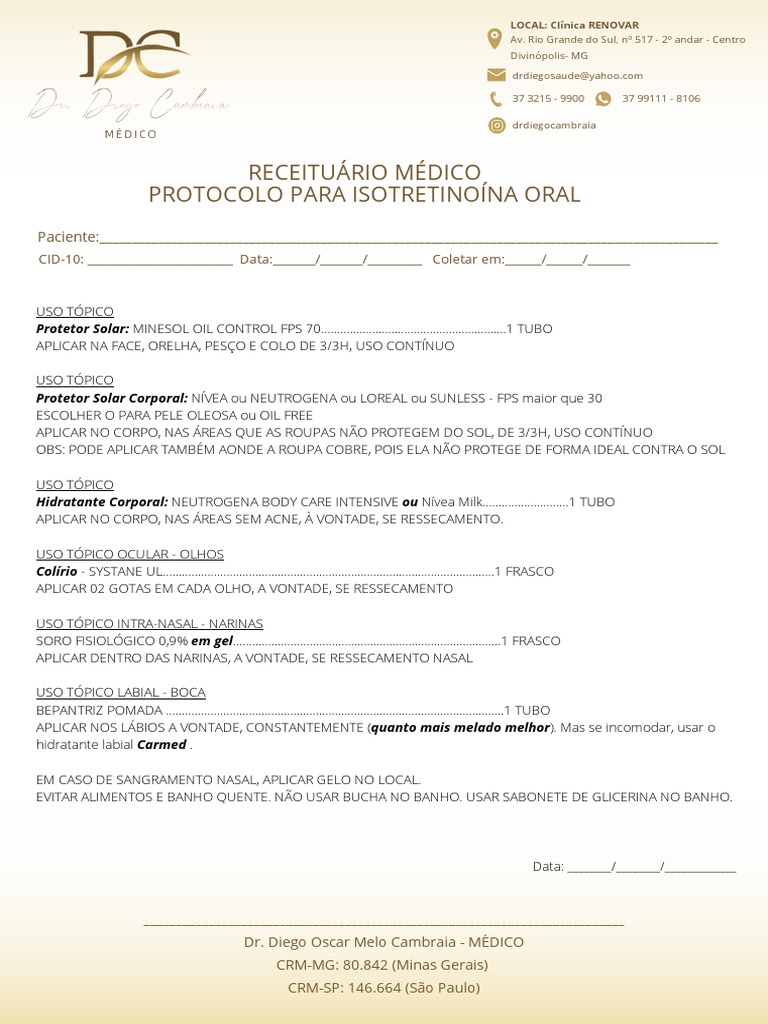 Receita Protocolo para Isotretinoína Oral Novo - Clinica Renovar | PDF ...