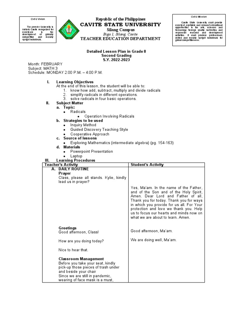 Detailed Lesson Plan in Grade 8 Radicals (Addition and Subtraction ...