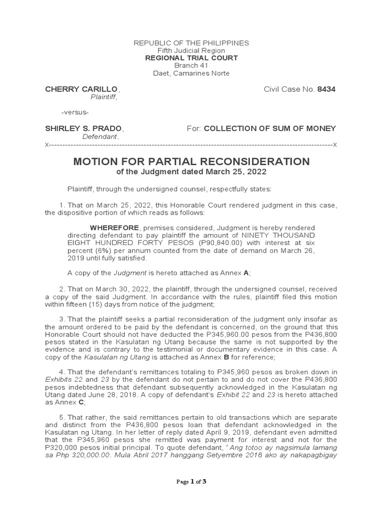 Motion For Reconsideration PDF Judgment (Law) Debt