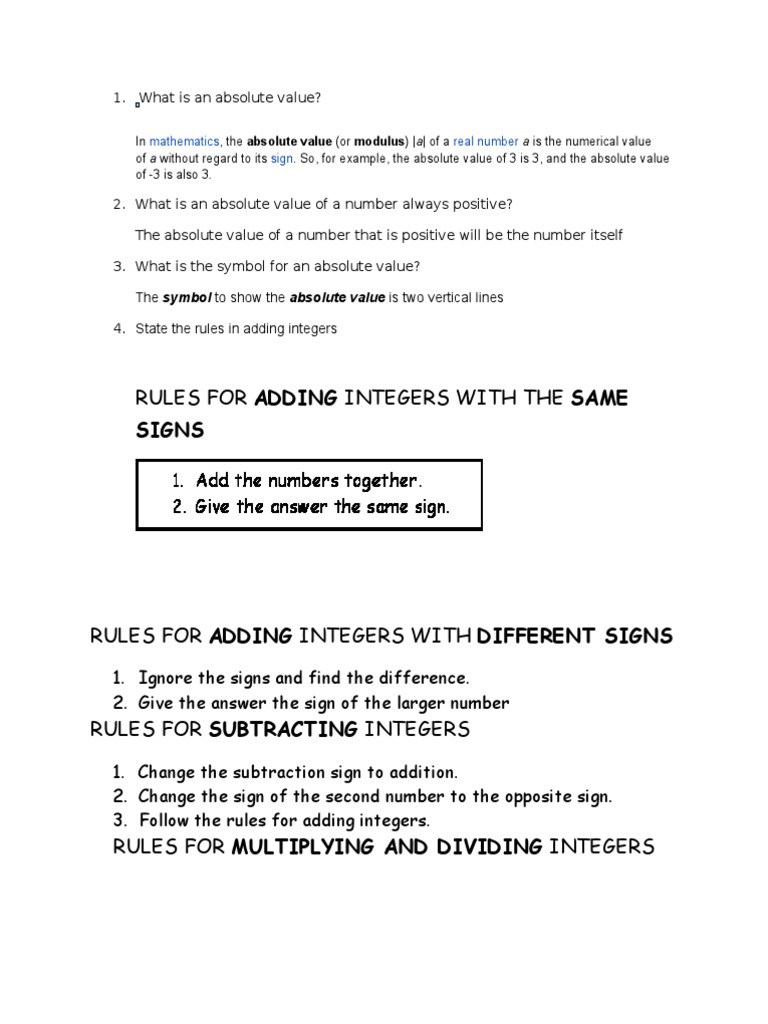 Understanding Absolute Value and Integer Rules | PDF