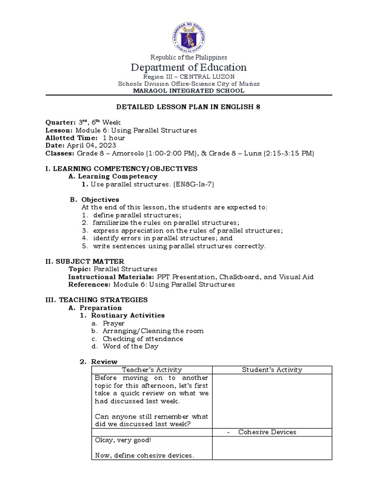 Detailed Lesson Plan in English 8 (04-04-23.2) | PDF | Subject (Grammar ...
