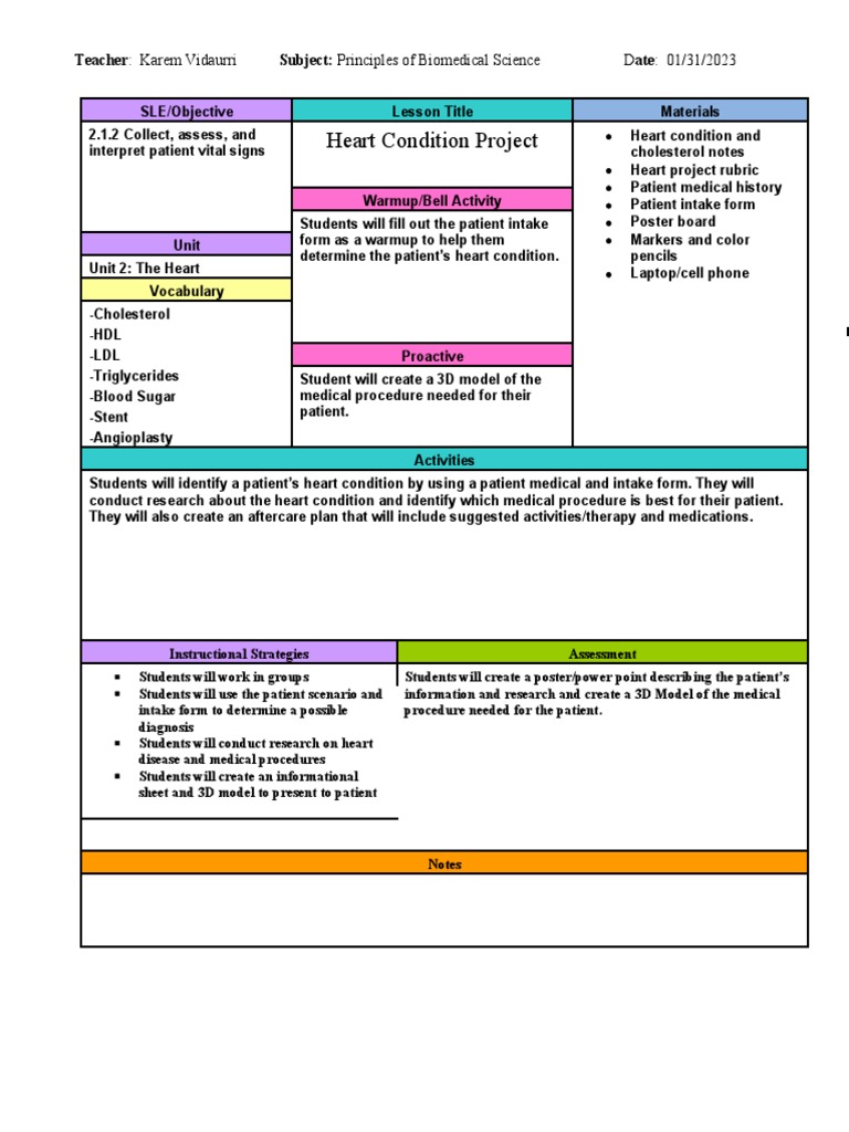 Lesson Plan Heart Project PDF Cardiovascular Diseases Medicine