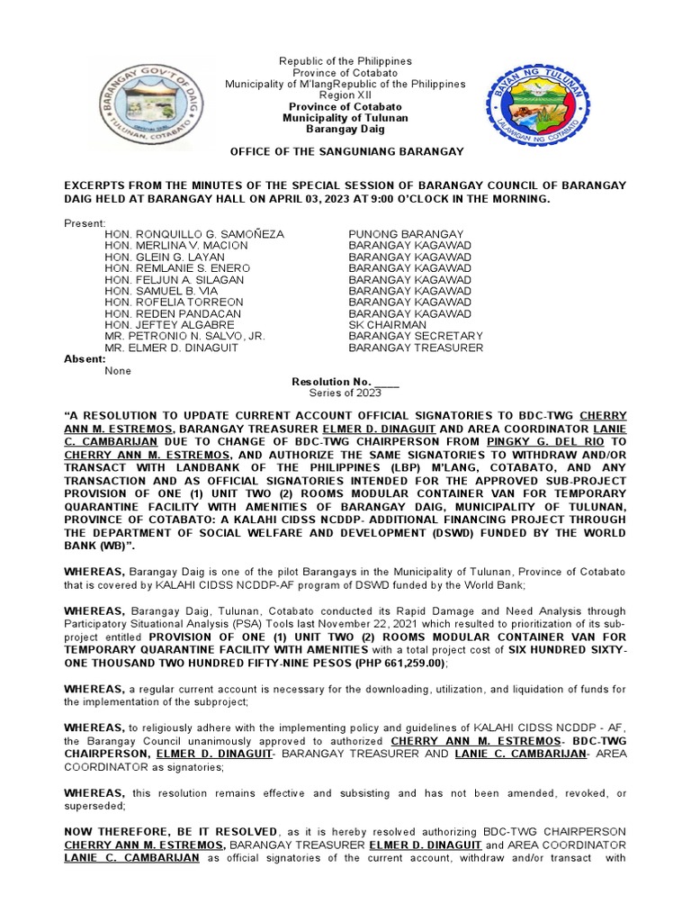 Reso Change Signatories Brgy Daig | PDF | Government