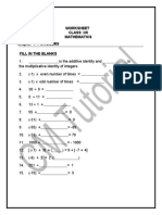 Worksheet Class:Vii Mathematics Chapter 1: INTEGERS Fill IN THE Blanks
