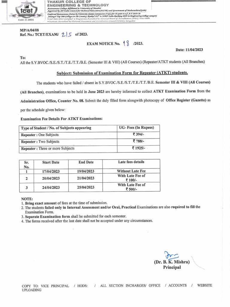 Notice For Submission of Examination Forms For Repeater (ATKT) Students