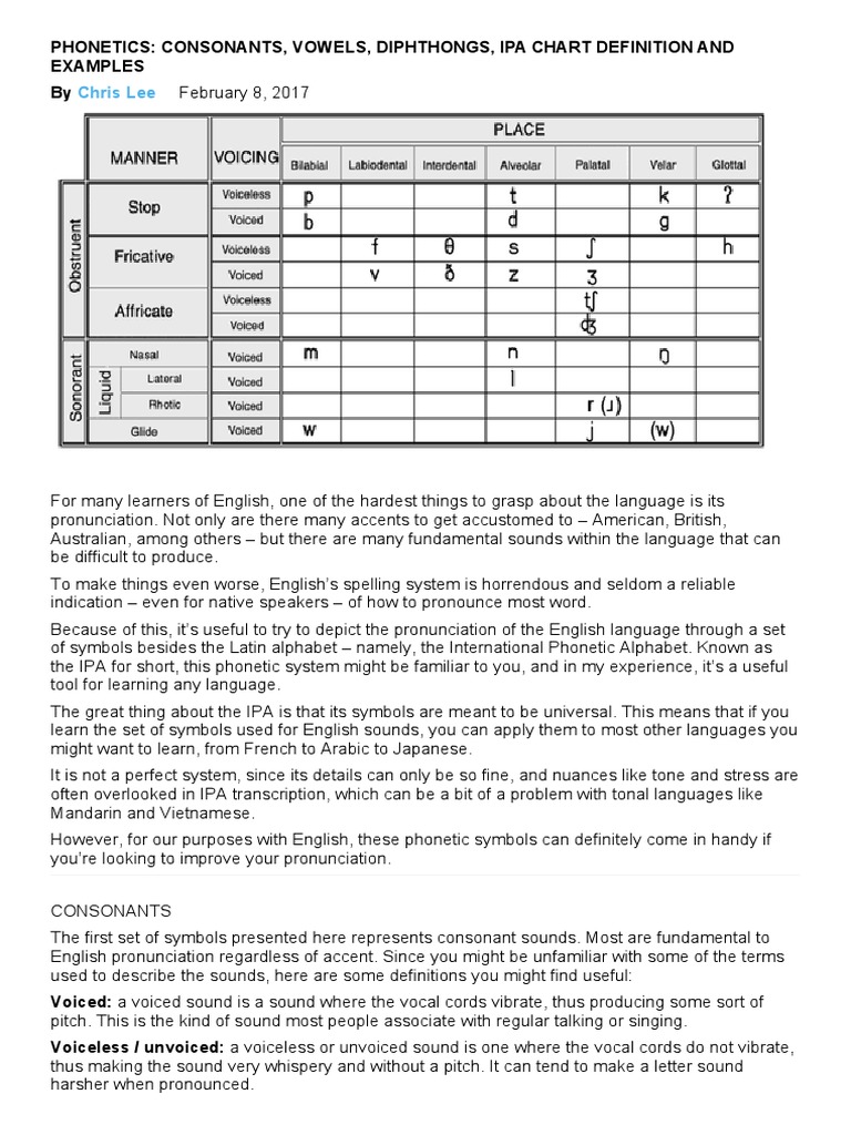 Phonetics Charts and Notes | PDF | Consonant | Vowel